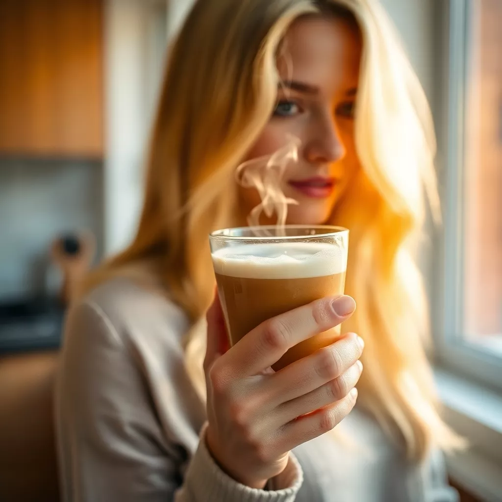 Latte Macchiato in der Hand einer blonden Frau