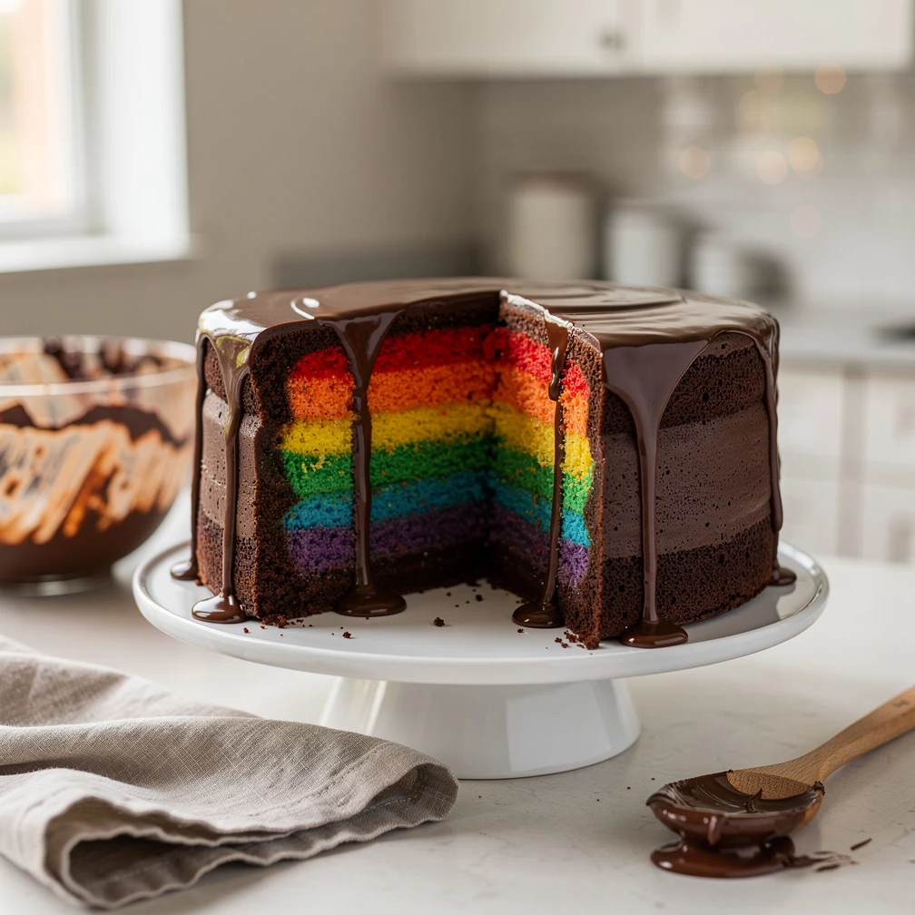 Rainbow-Poke-Cake mit Schokolade – Das Trendrezept in Farbe
