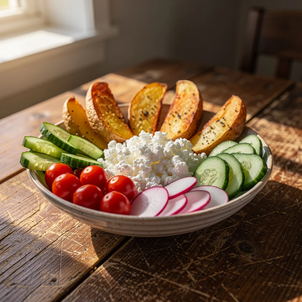 H&uuml;ttenk&auml;se-Bowl mit H&auml;hnchen und Kartoffeln