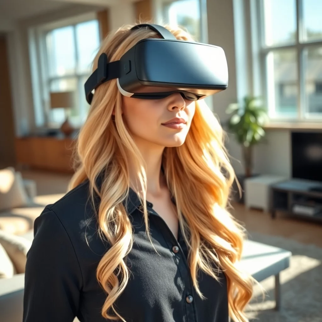 Frau mit VR-Brille in modernem Wohnzimmer