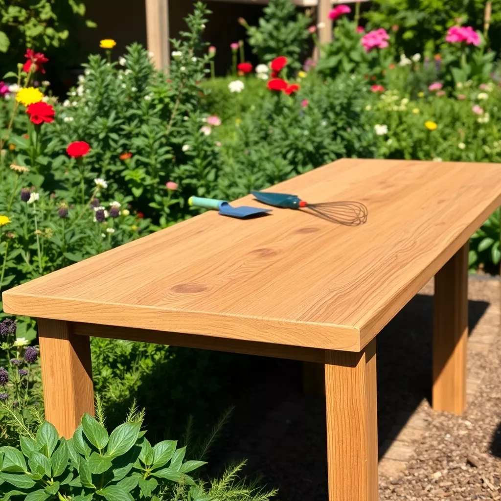 Holztisch mit einem zu niedrigen Bein Garten