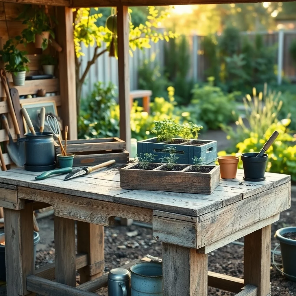 Pflanztisch aus Paletten im Garten