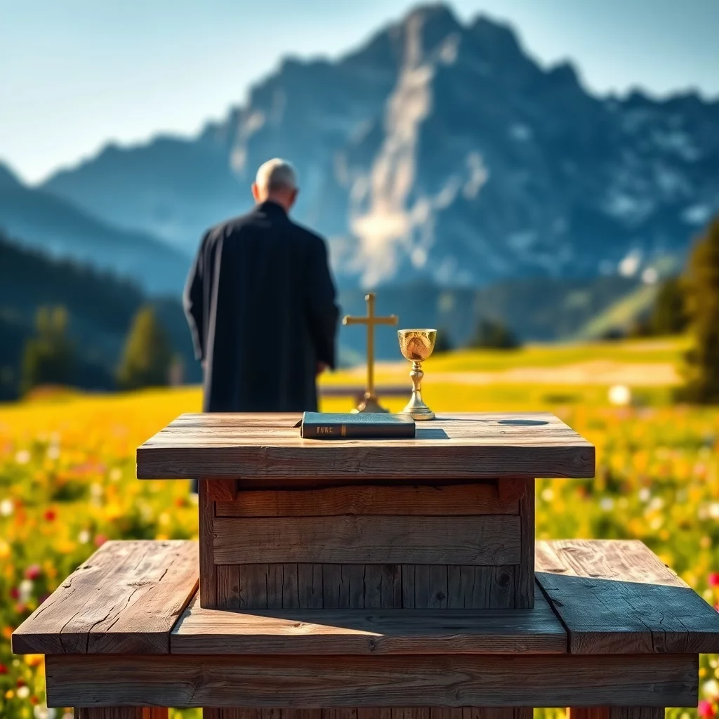 alter holzaltar, ein pfarrer von hinten im schwarzen altar, im