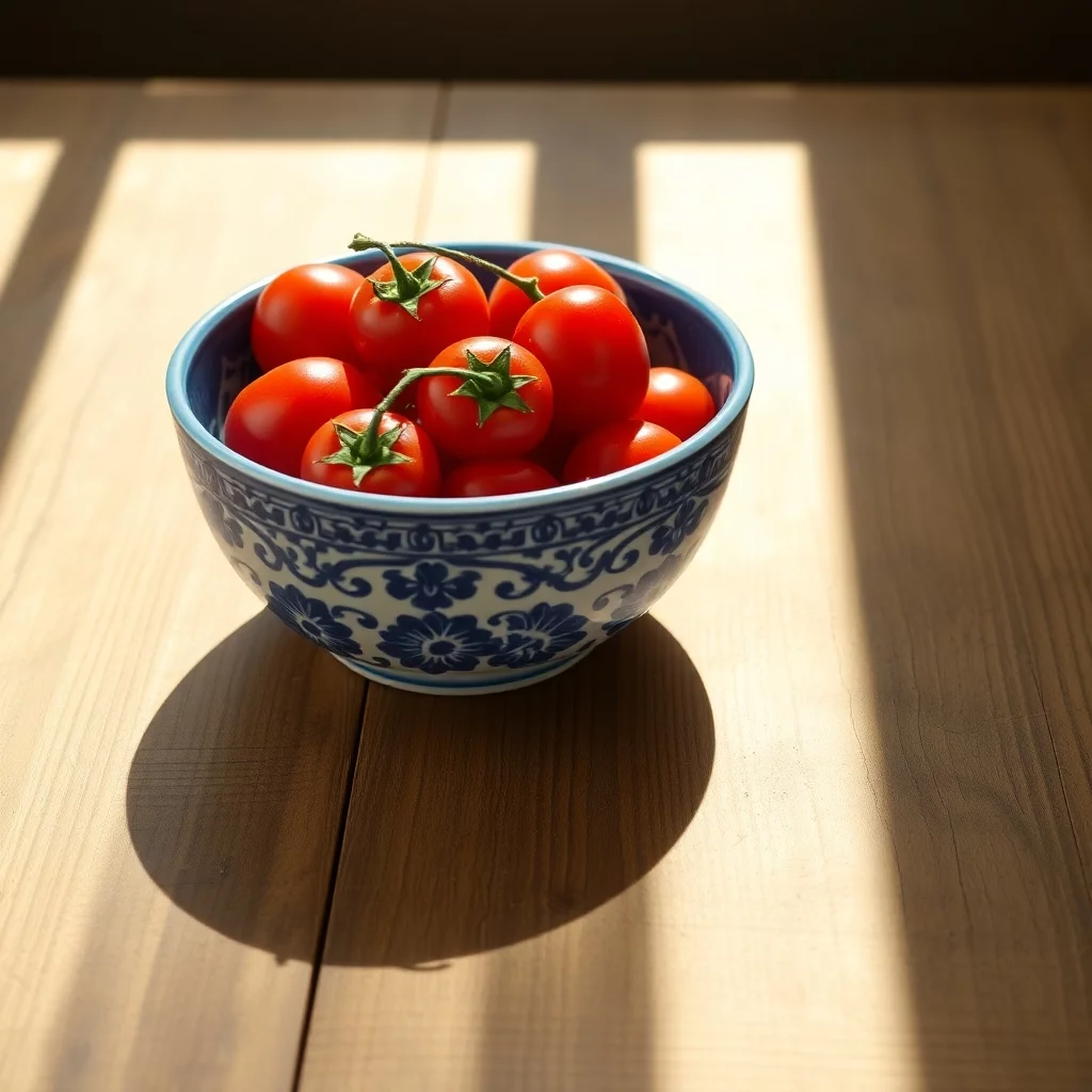 Blaue Weißkeramikschüssel mit Tomaten auf Holztisch