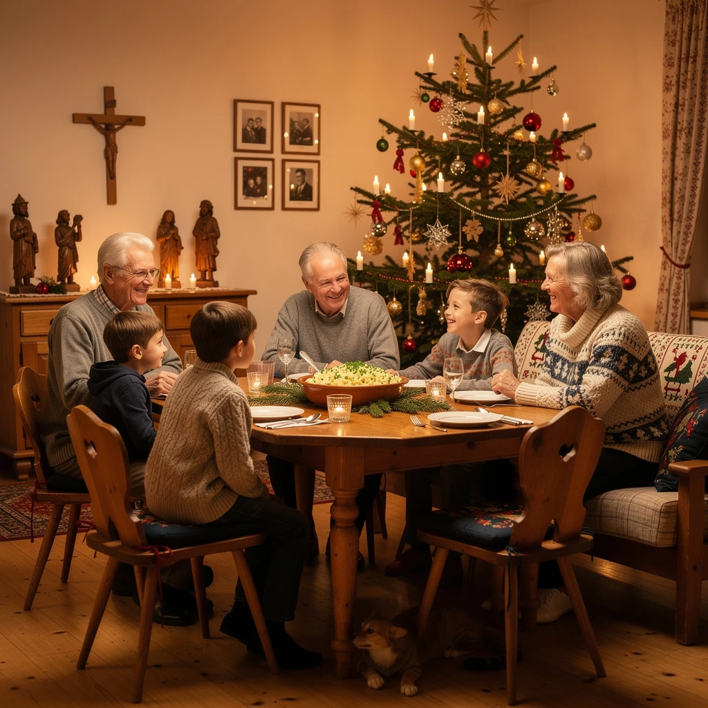 Cozy German living room at Christmas Eve, crooked Christmas tree
