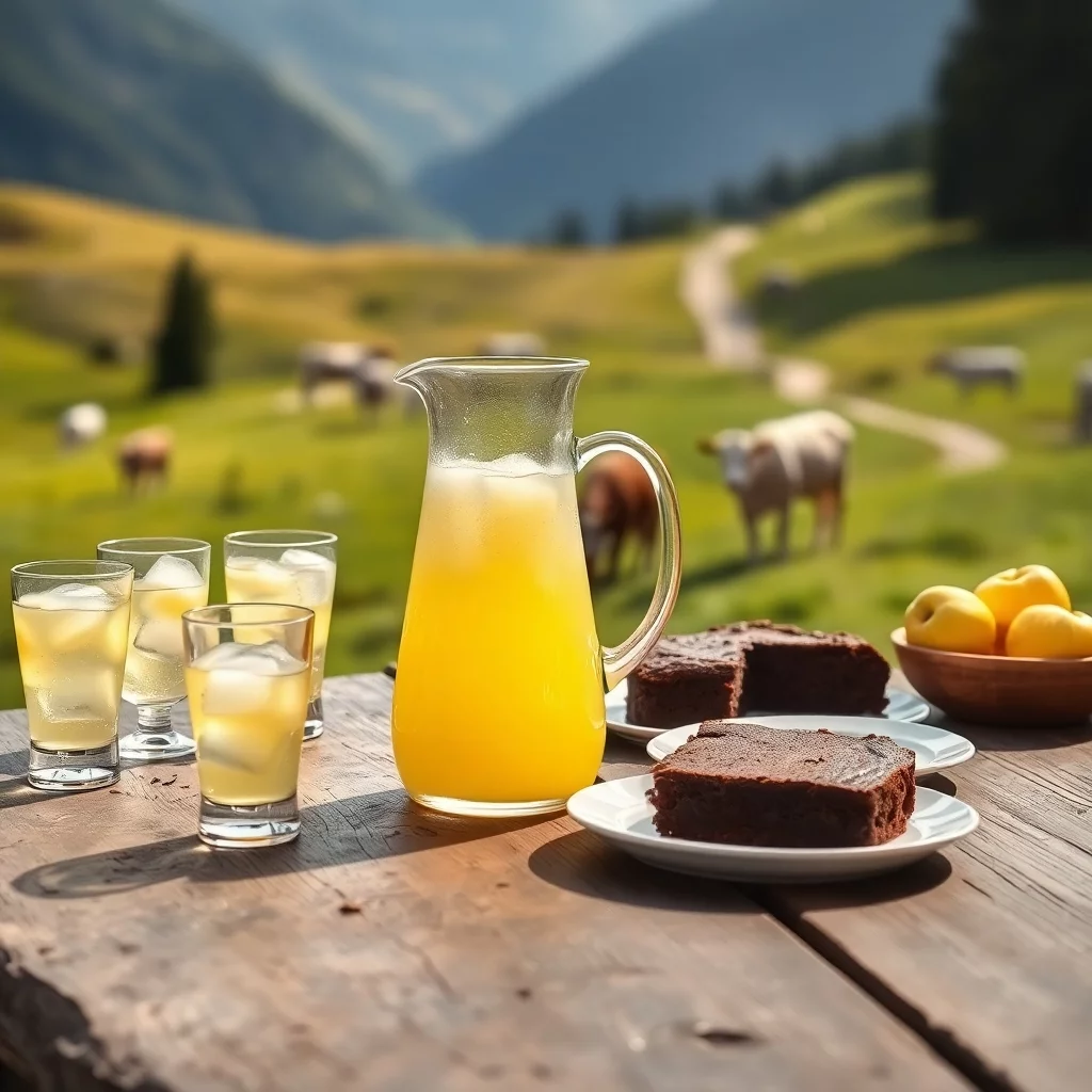 ein alter holztisch, mit einem glaskrug in dem zitronengelbe limonade