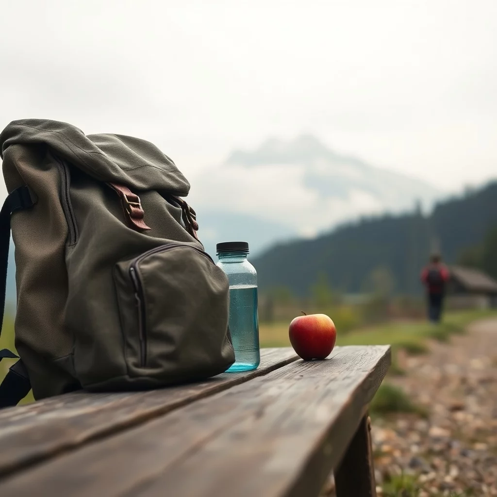 ein alter rucksack auf einer bank auf einem wanderweg, daneben