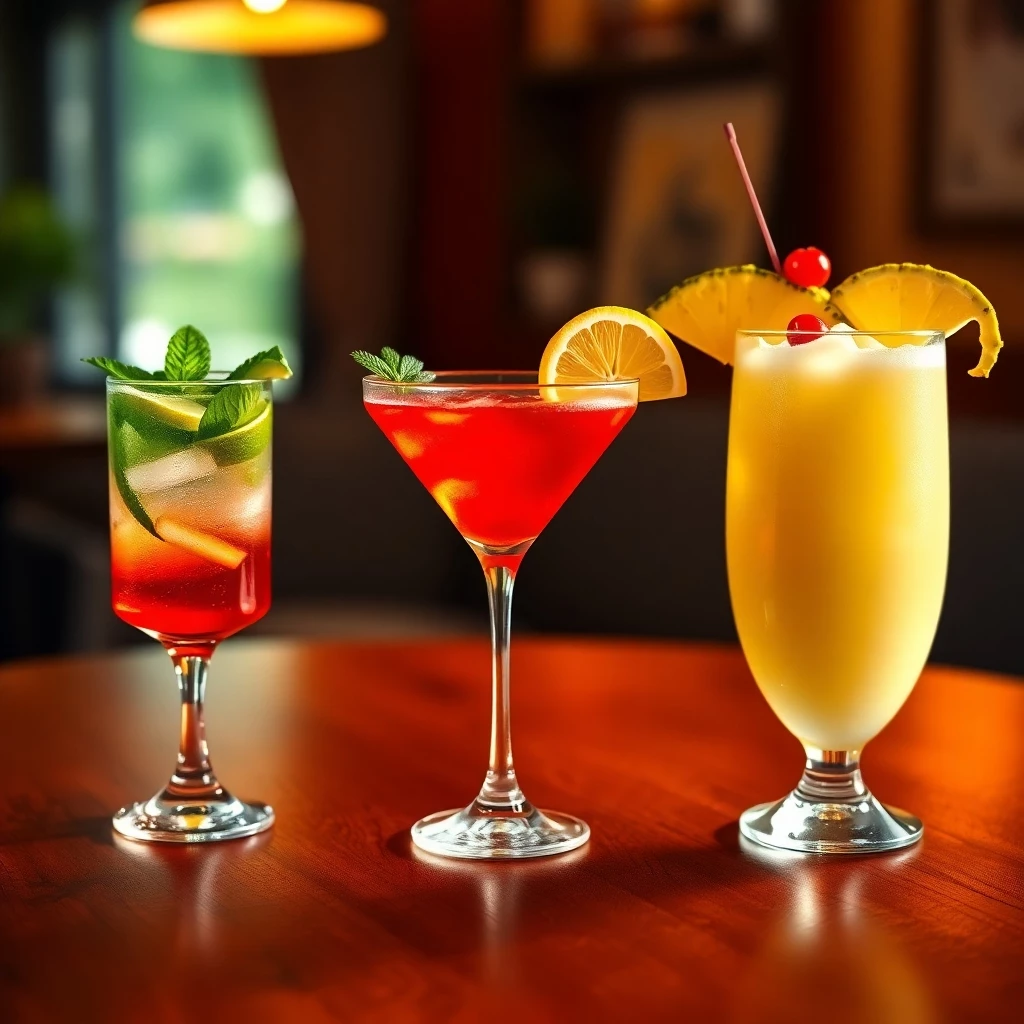 ein holztisch auf dem drei verschiedene cocktails stehen