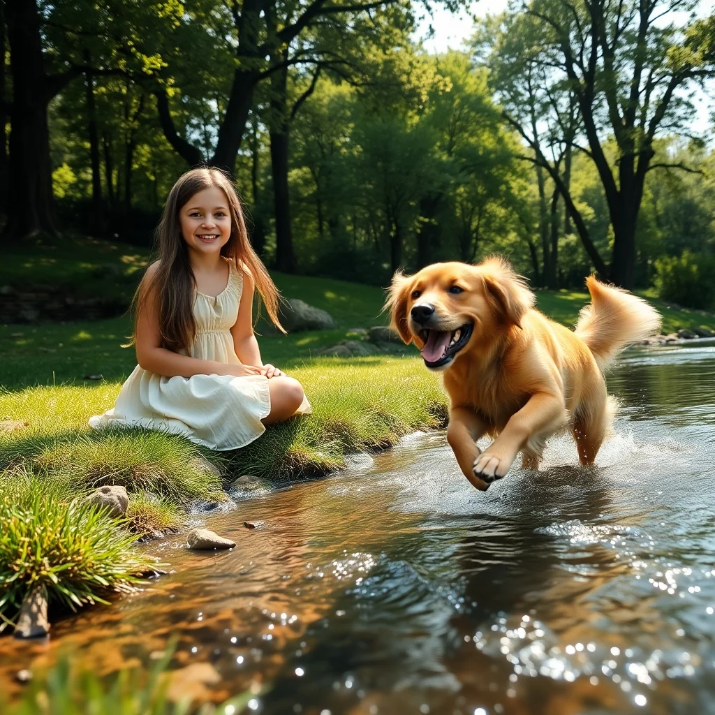 ein mädchen das an einem bach sitzt und ihrem hund