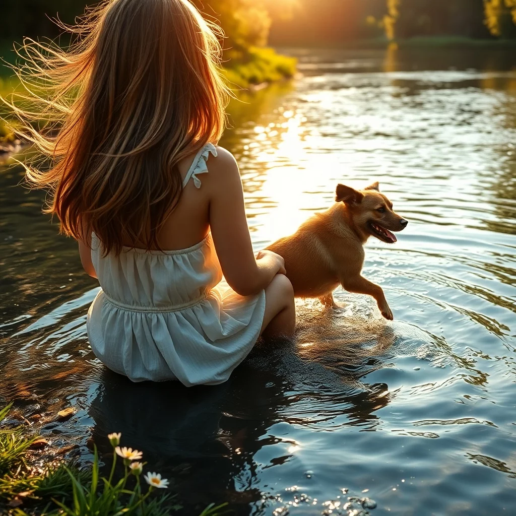 ein mädchen von hinten, dass an einem fluss sitzt und