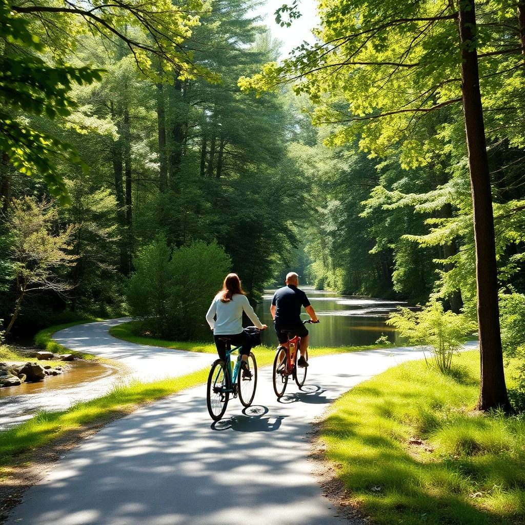 ein päarchen auf einem radweg entlang eines flusses durch einen