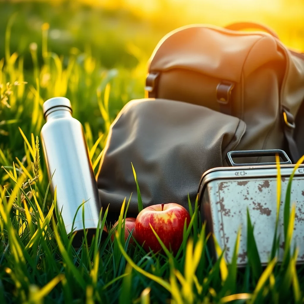 ein rucksack auf einer wiese mit einer trinkflasche, einem apfel