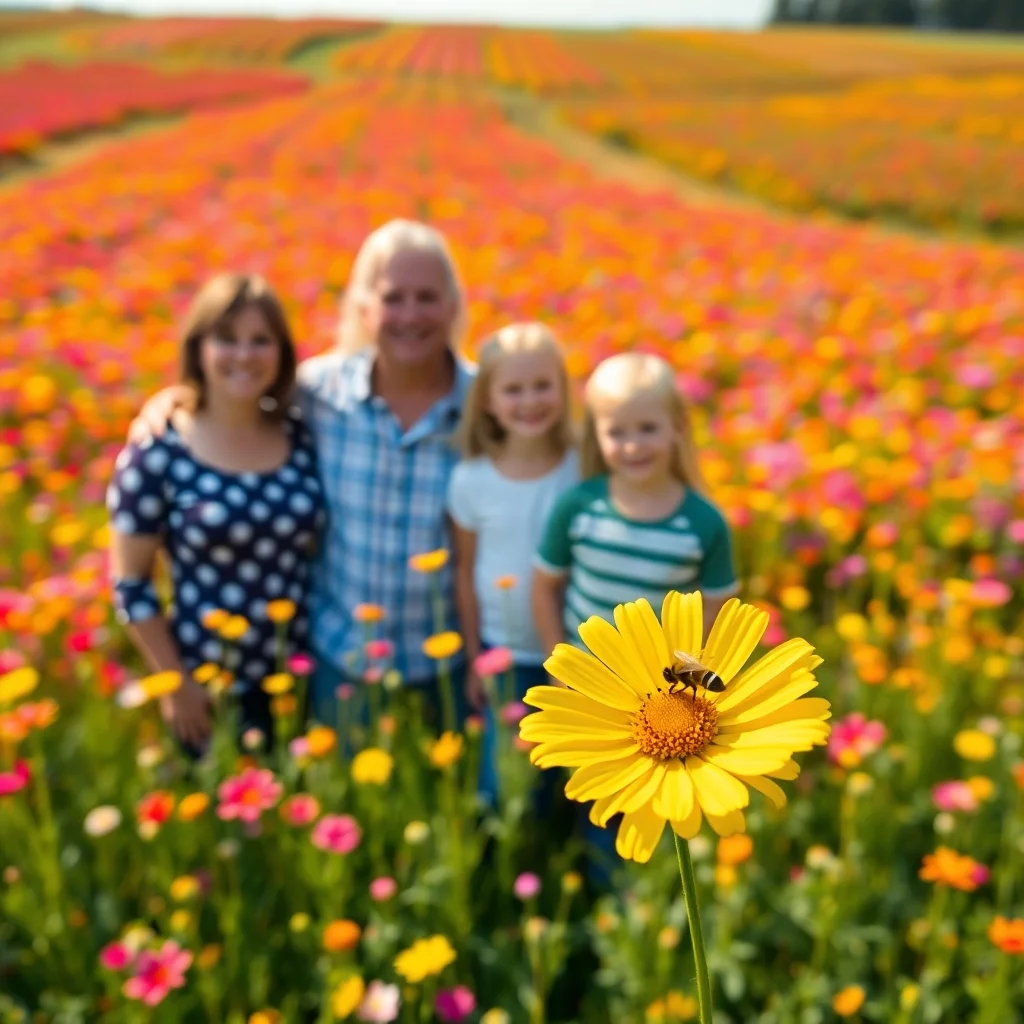 eine familie vor einer blumenwiese, auf einer gelben blume sitzt