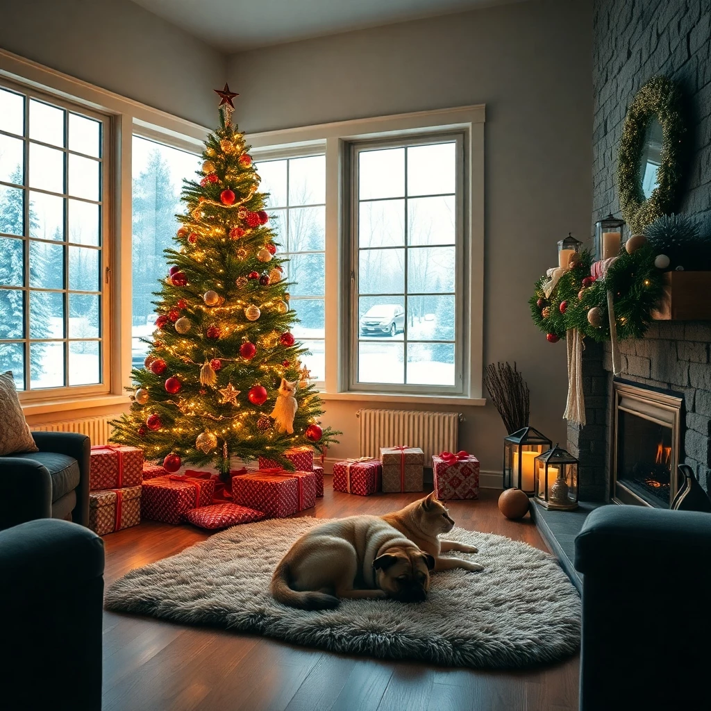 Gemütliches Weihnachtszimmer mit Baum und Tieren
