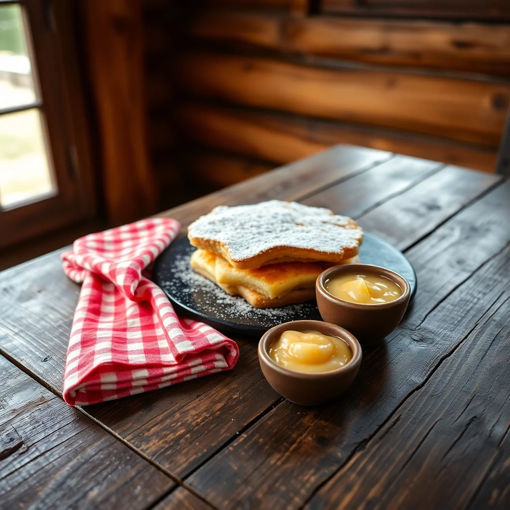 Kaiserschmarrn auf Holztisch mit Apfelmuss