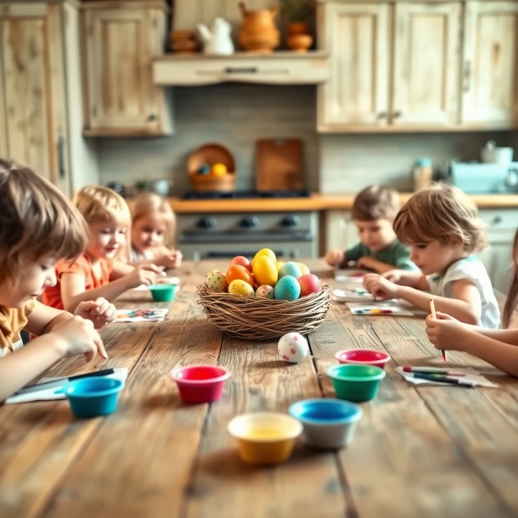 Kinder bemalen Ostereier am Holztisch