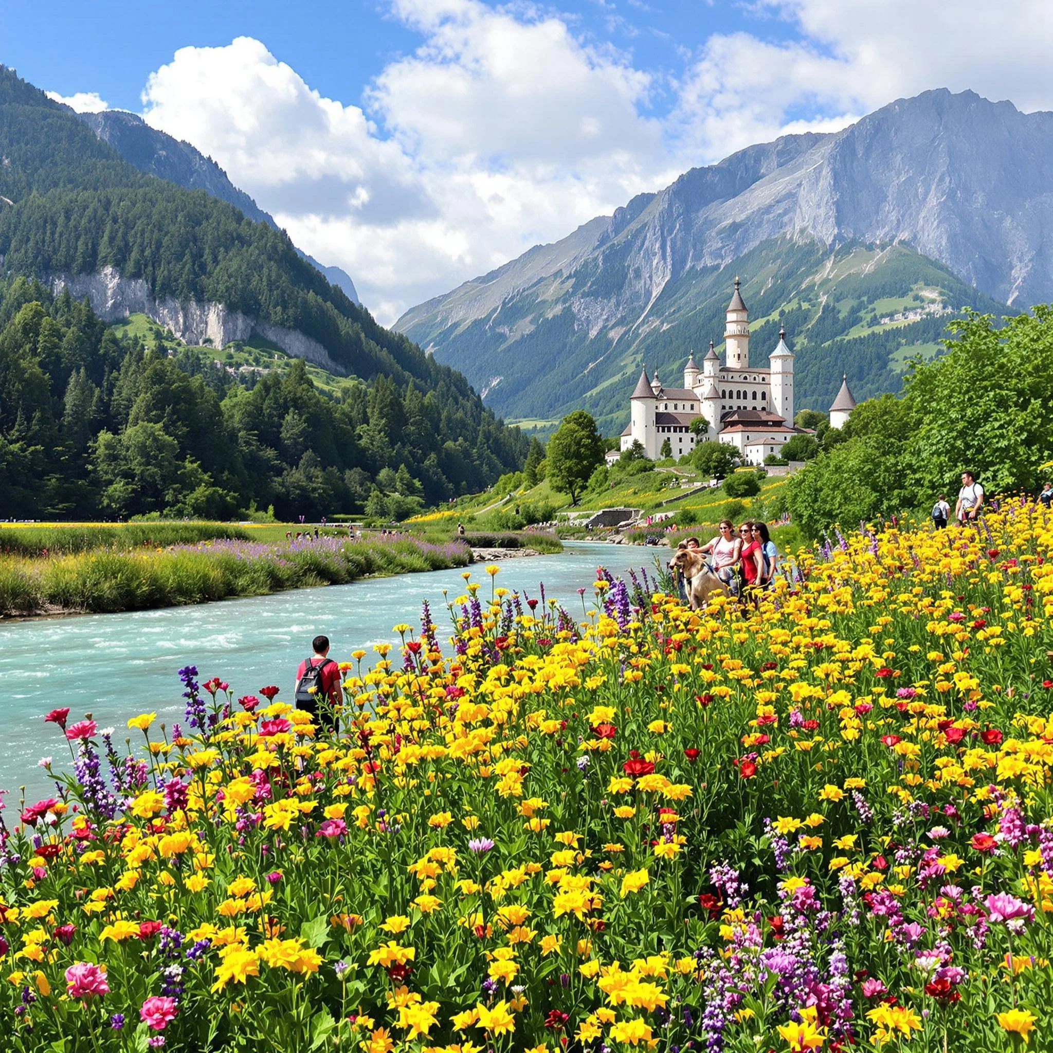 Lebendige Flusslandschaft mit Schloss im Sommer
