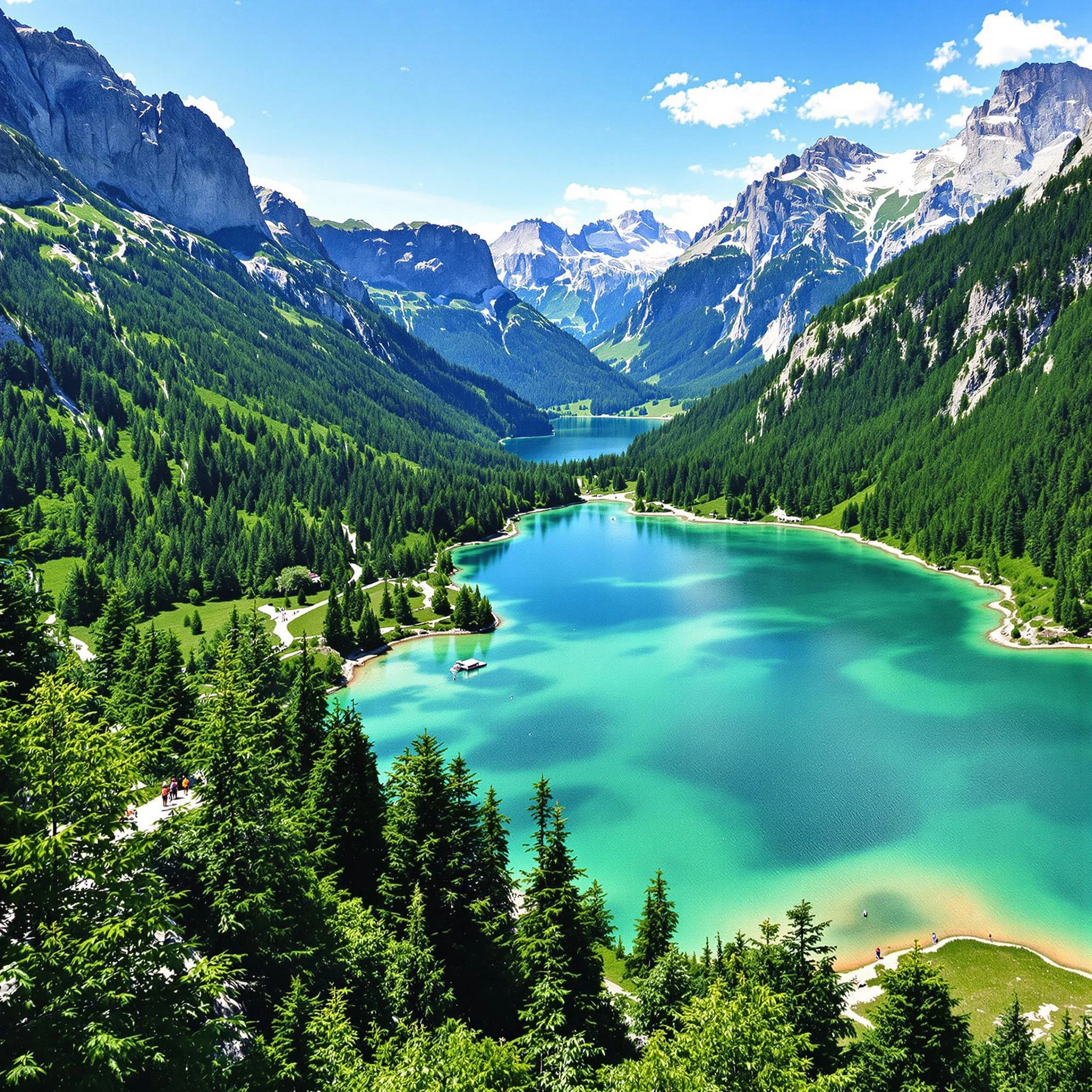 Mountain landscape in Berchtesgaden, lush green forests, clear blue Königsee,