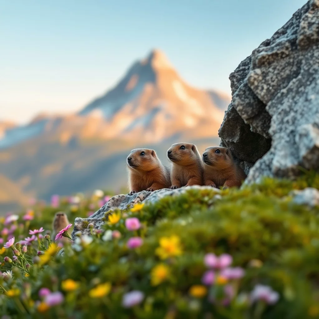 murmeltiere die über einen felsen hervorschauen. inmitten einer blühenden almwiese.