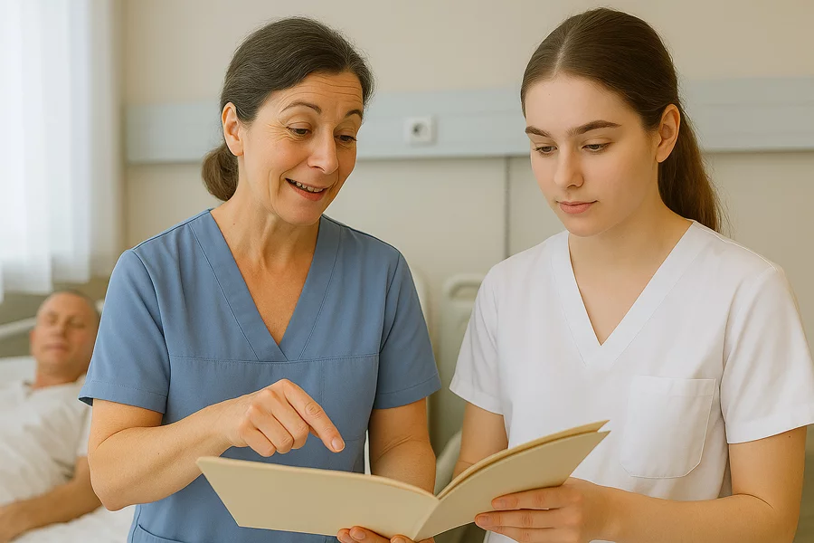 Pflegekr&auml;fte besprechen Patientenakte