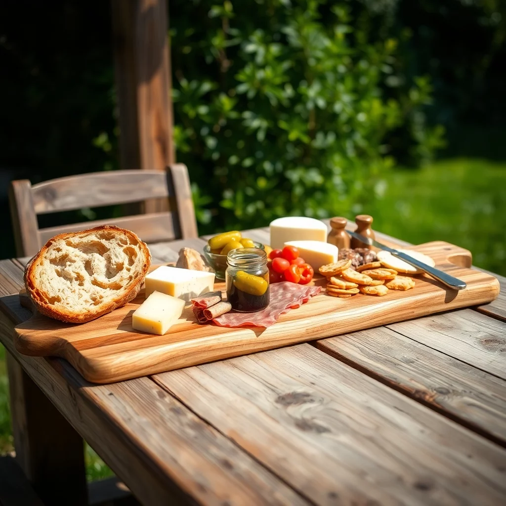 Rustikaler Holztisch mit Brotzeitbrett