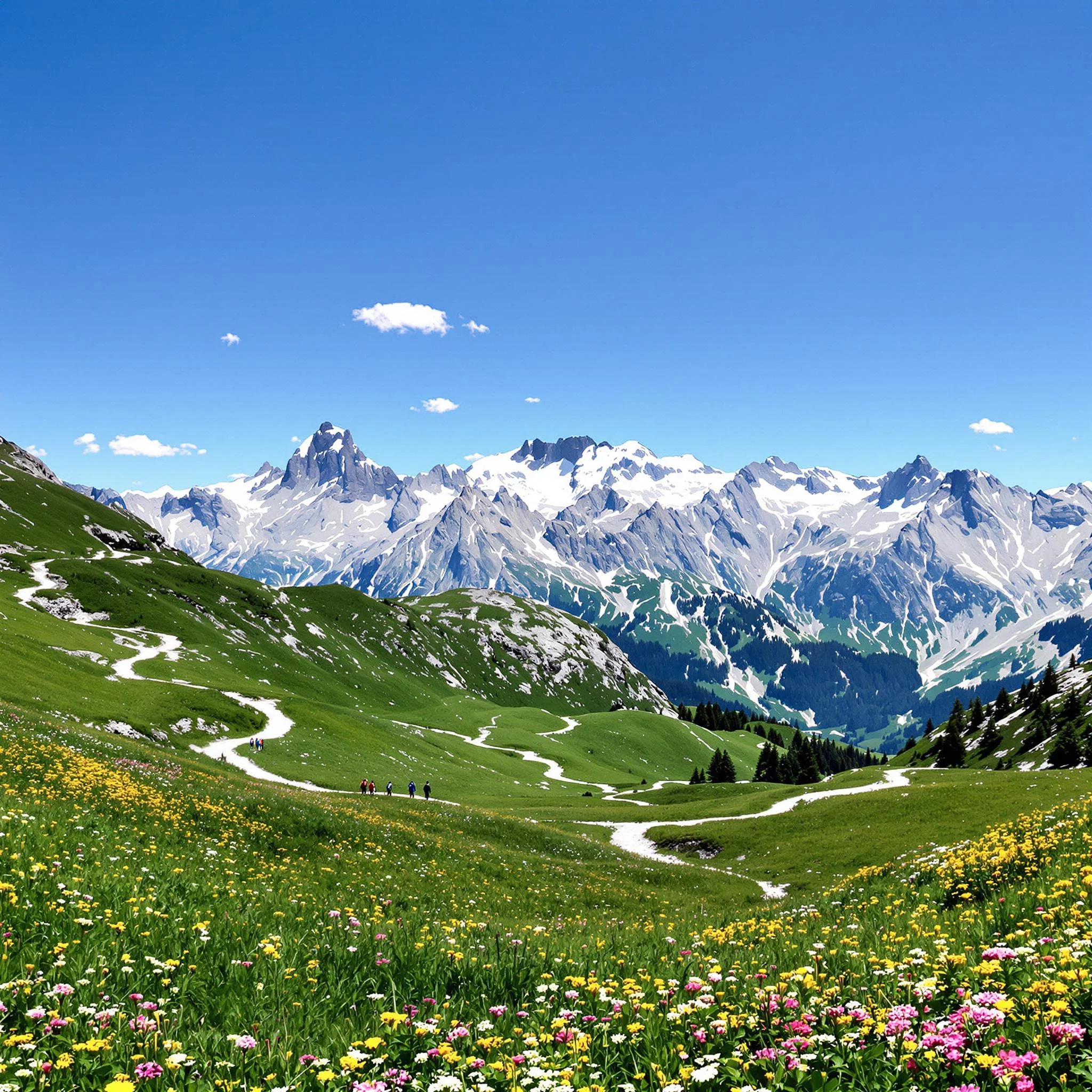 Sommerlandschaft der Bayerischen Alpen mit Wanderern