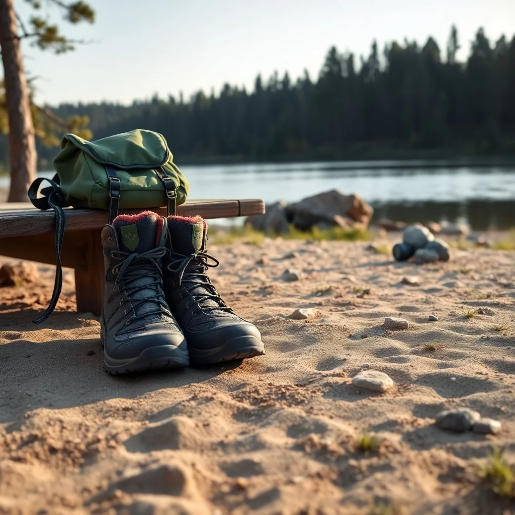 Wanderpause am Seeufer mit Rucksack