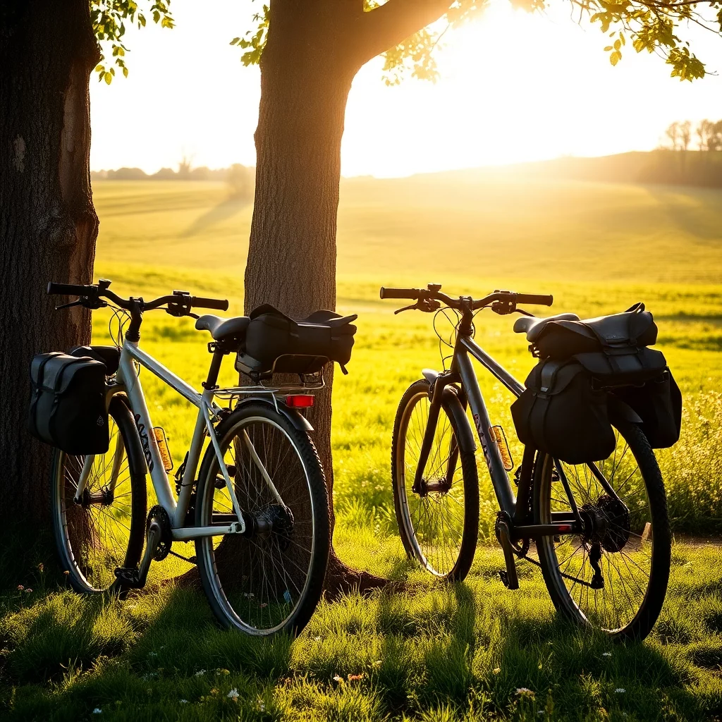 zwei räder die an einem baum lehnen mit packtaschen am