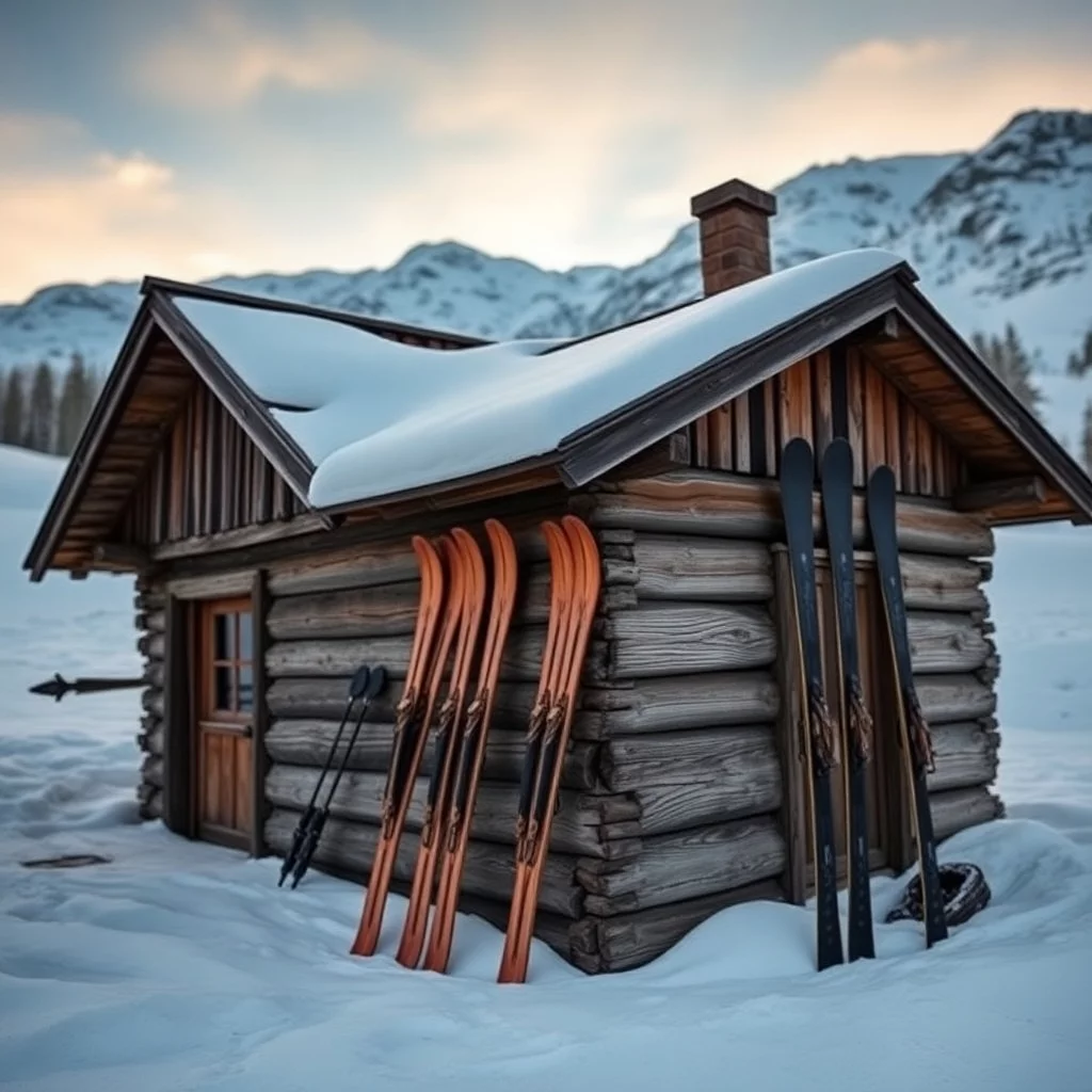 Alte und moderne Skier vor Holzhütte im Schnee