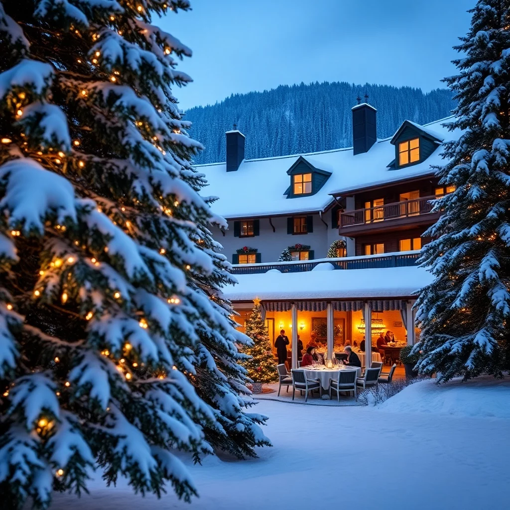 ein wellnesshotel außen alles tiefverschneite, festliche tannenbäume vor dem haus.