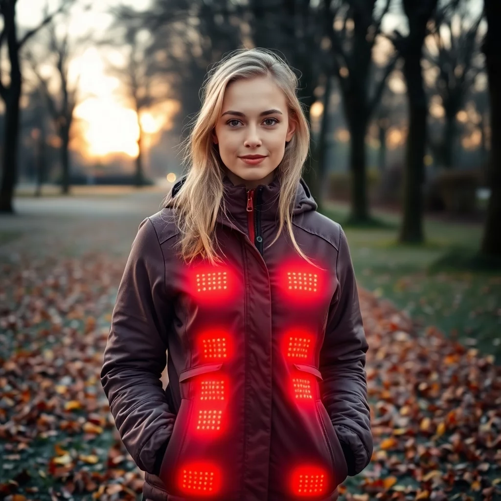 Eine junge Frau in beheizter Jacke im Park