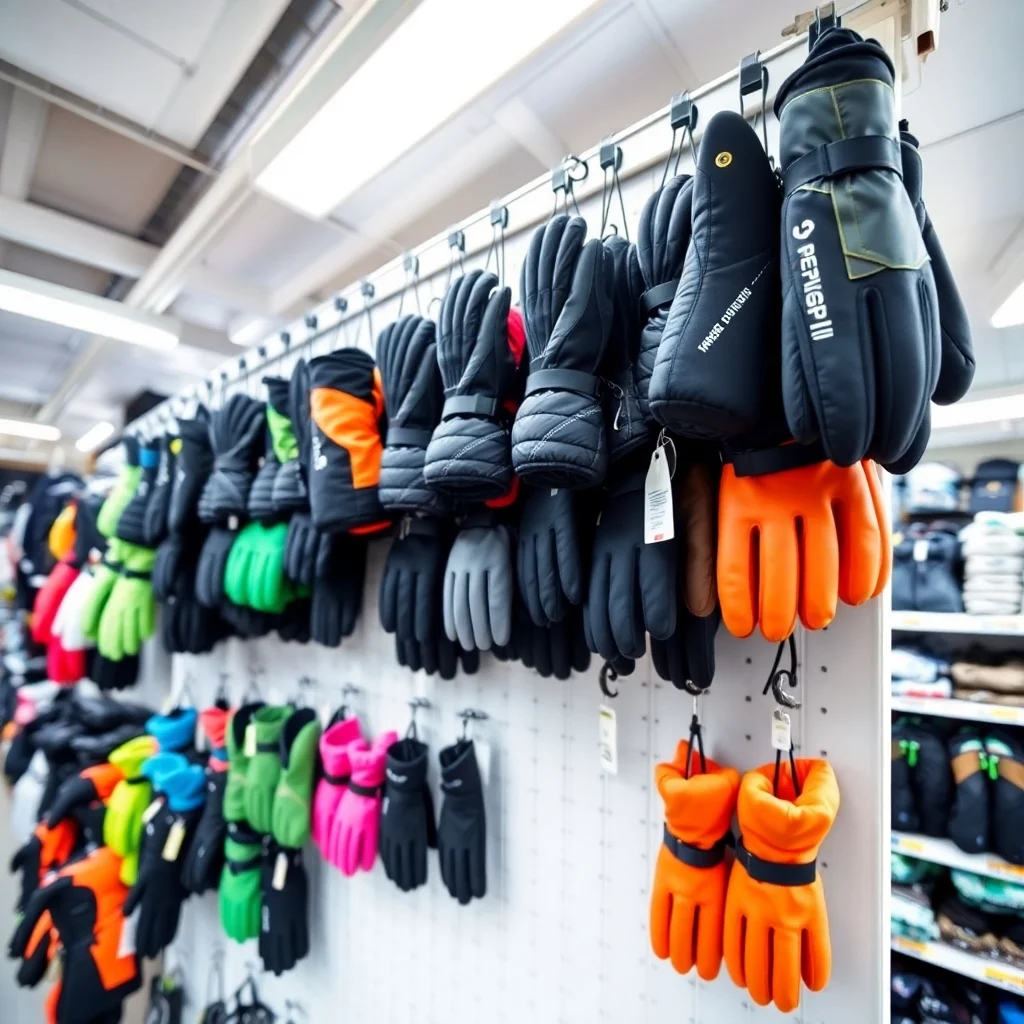 eine wand in einem geschäft in dem jede menge skihandschuhe