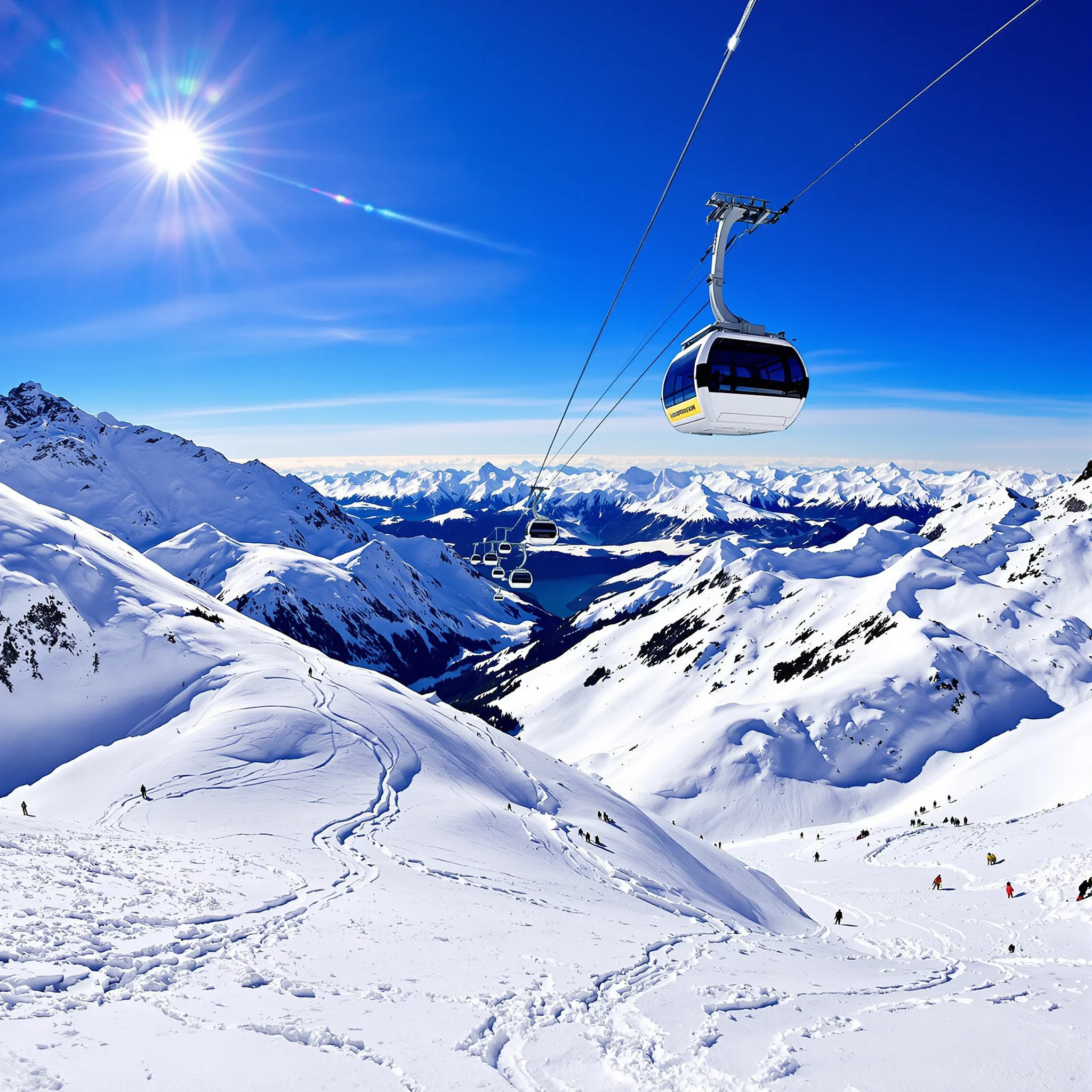 Moderne Seilbahn im verschneiten Bergpanorama