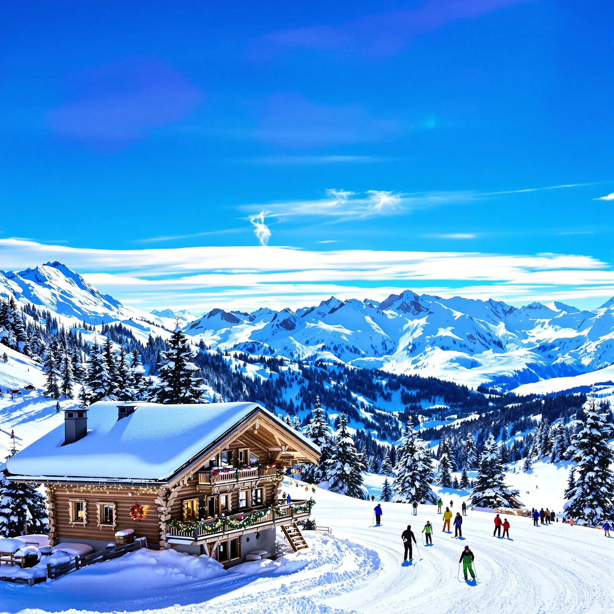 Weihnachtliches Bergpanorama mit Skihütte