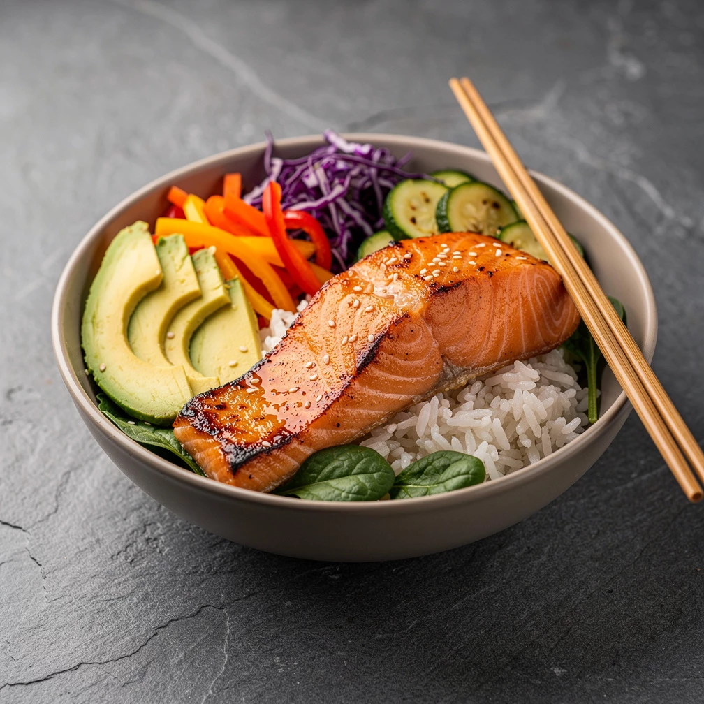 Superfood Bowl mit Lachs, Gemüse & Reis – Asiatisches Rezept