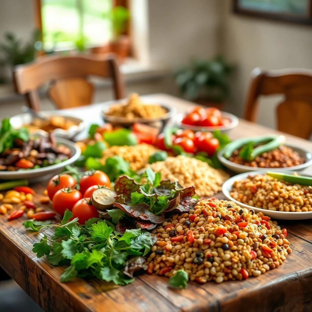 Farbenfrohes veganes Mahl auf rustikalem Tisch