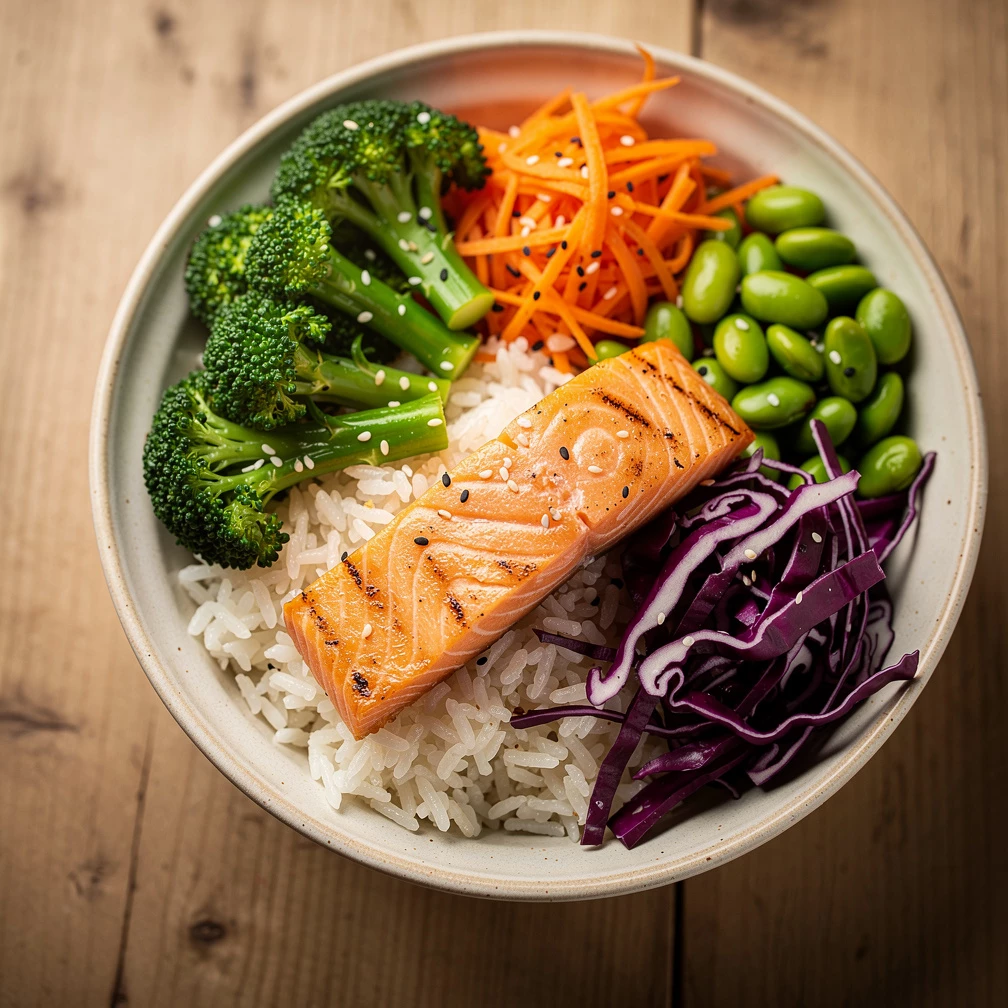 Superfood Bowl mit Lachs, Gemüse & Reis – Asiatisches Rezept