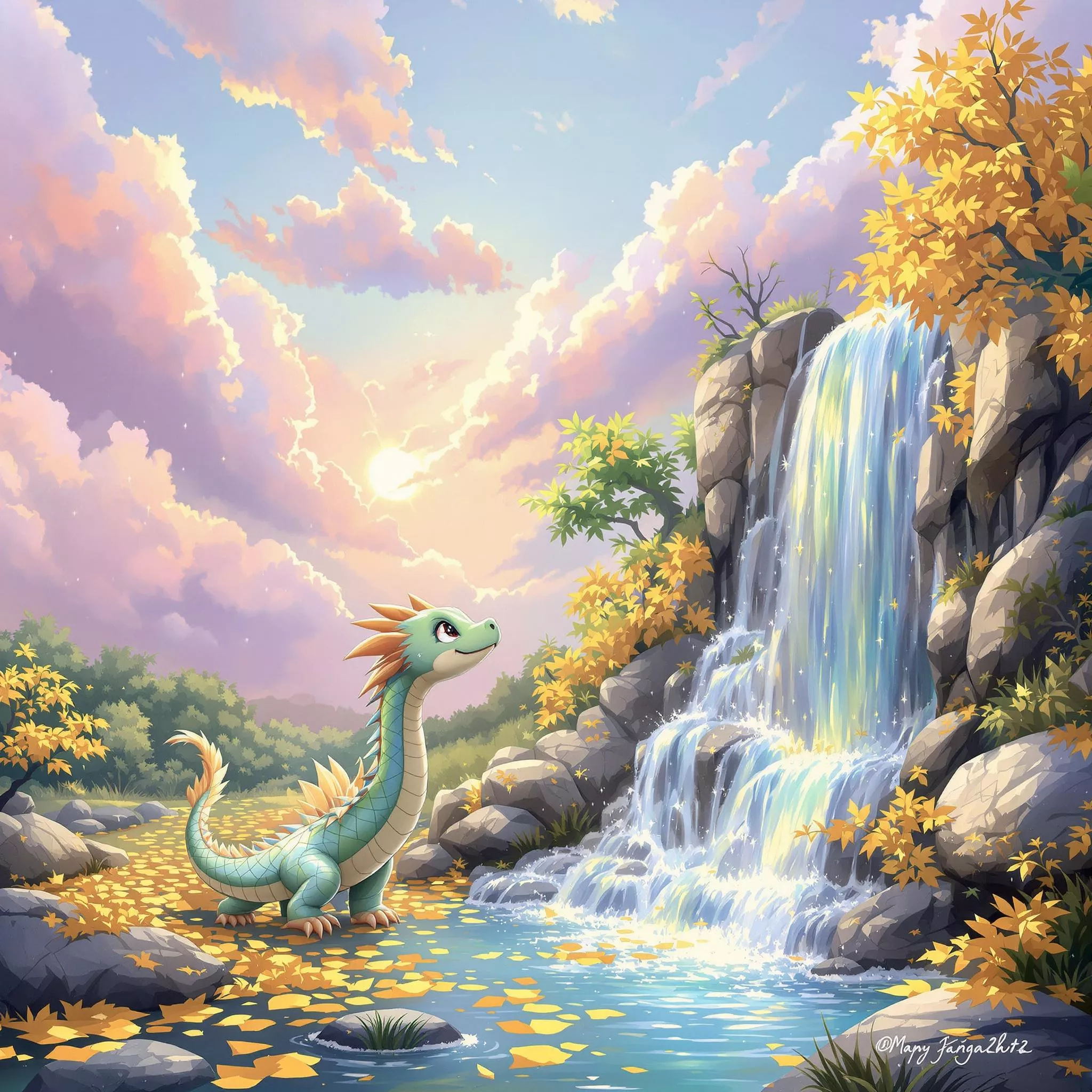 Der Drache Zack Zack besucht die leisen Wasserfälle des Traumlands
