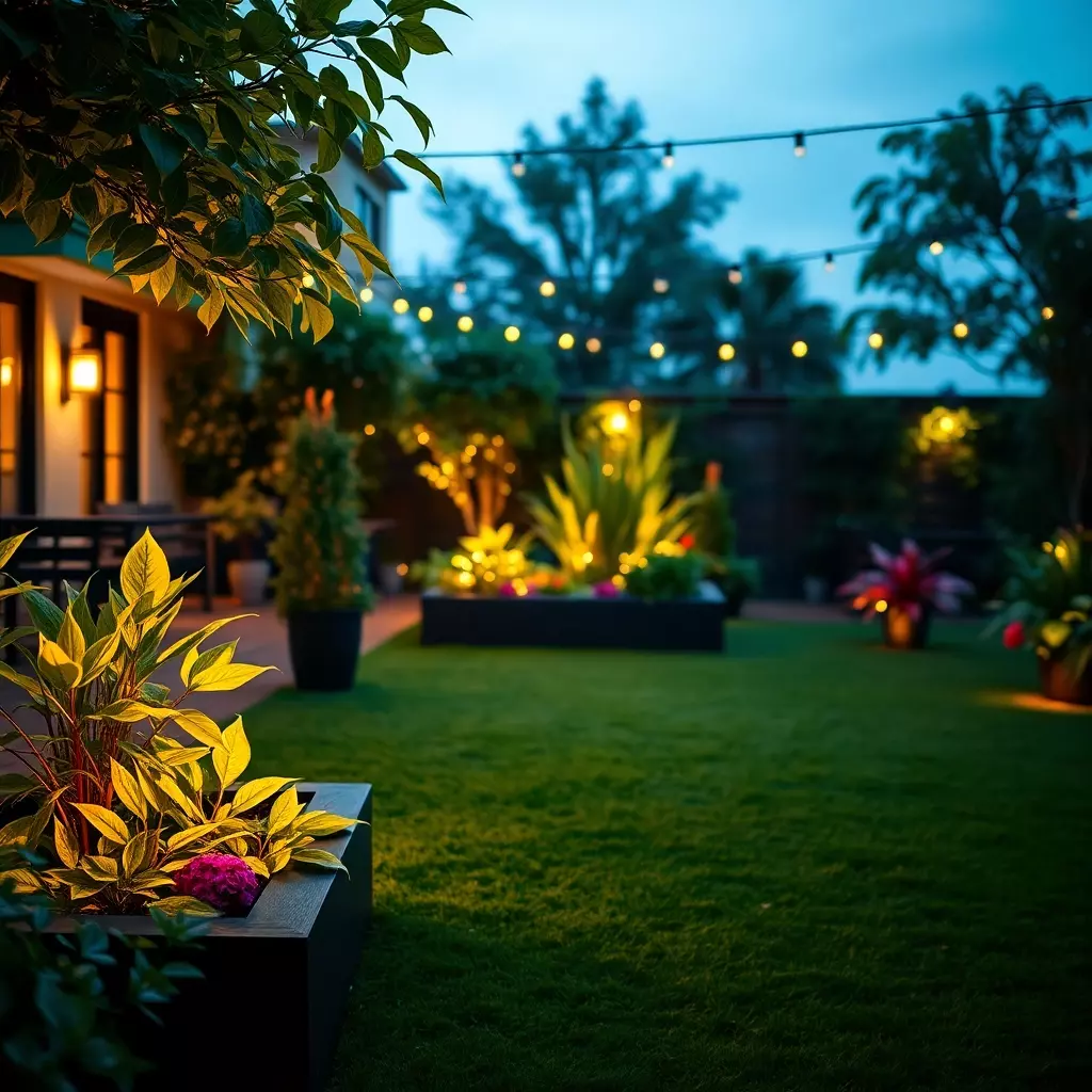 Abendliche Terrasse mit Gartenlichtern
