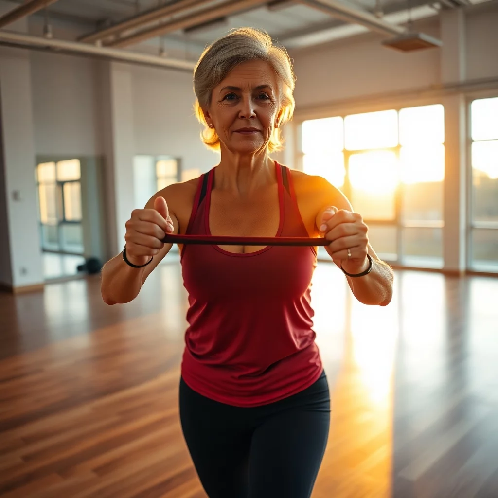 attraktive Frau um die 60 Jahre in Sportkleidung mit einem