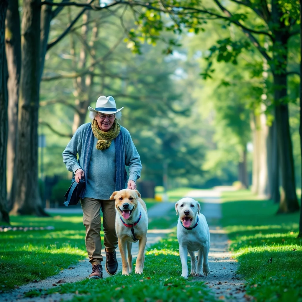 BEstAger Ehepaar mit ihrem Hund beim Spazierengehen