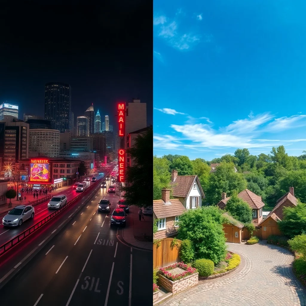 Ein geteiltes Bild: 1 Seite hecktische Großstadt 2 Seite idyllisches