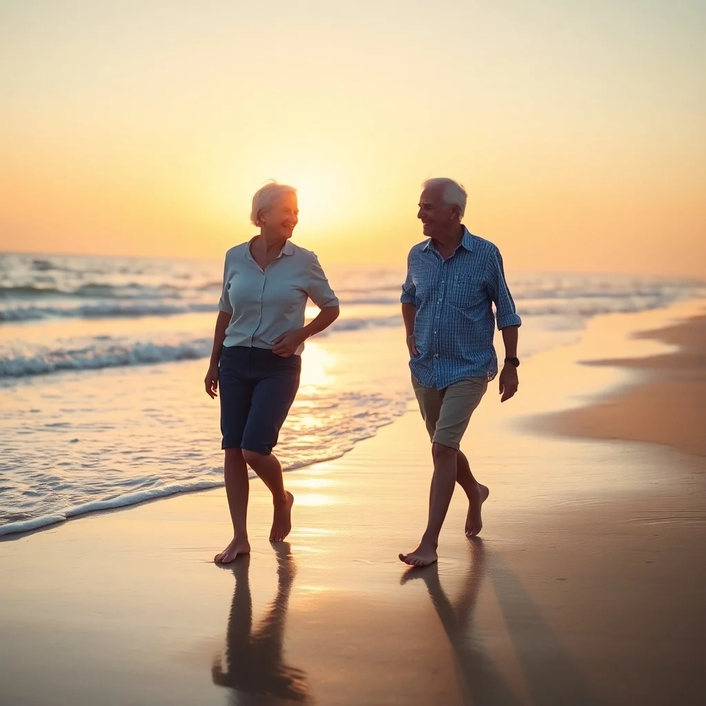 Ein Paar beide um die 60 Jahre barfuss am Strand