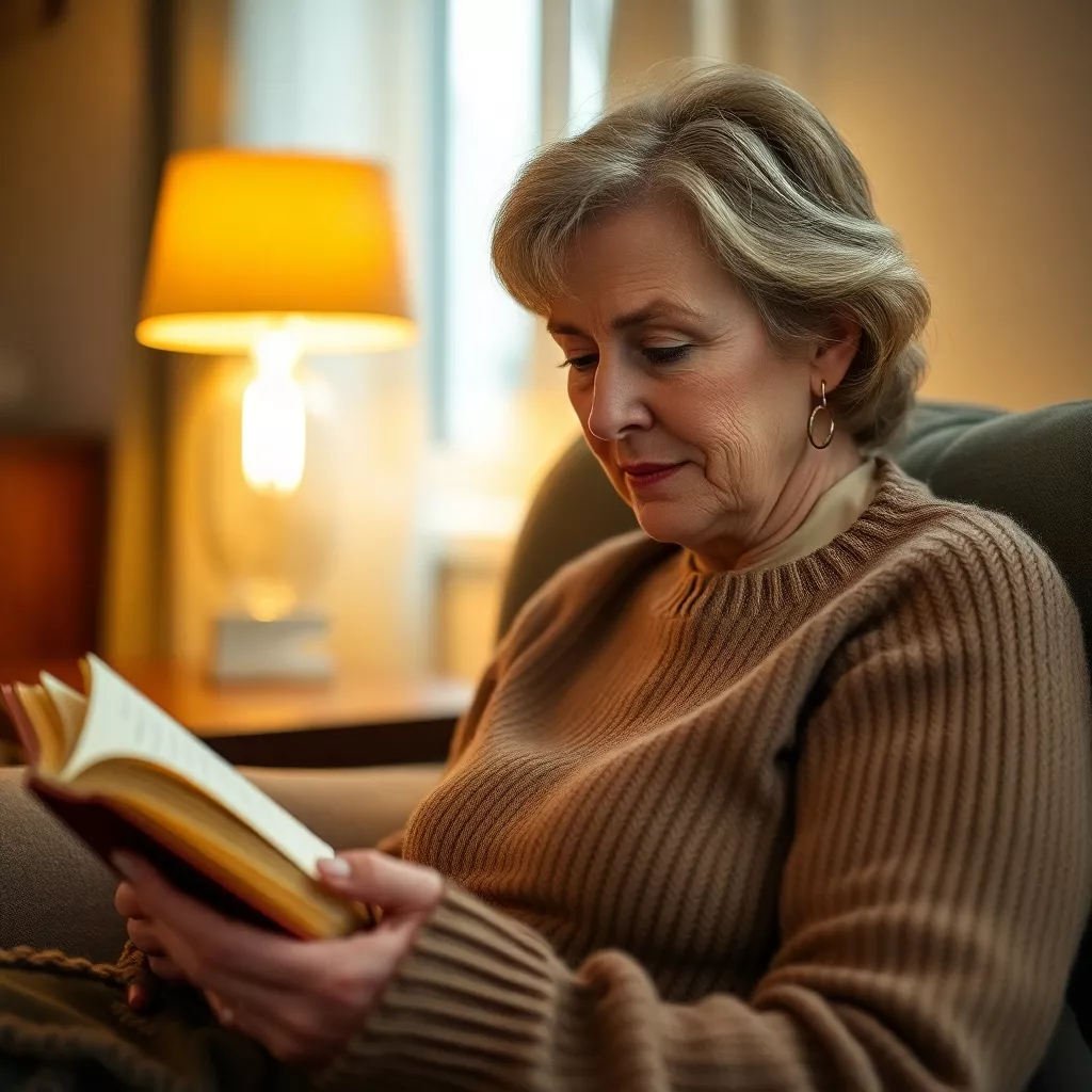 Eine Frau 58 Jahre liest ein Buch