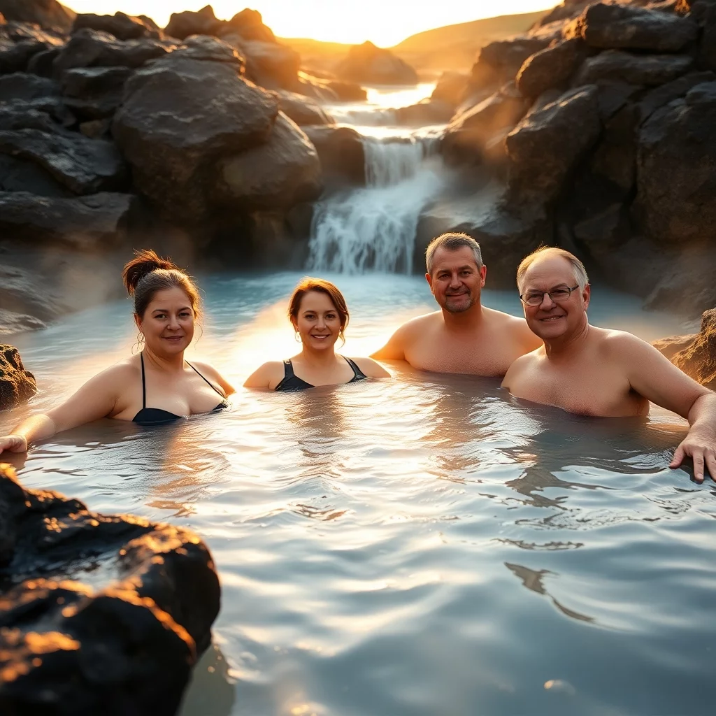 Erholung in isländischer Thermalquelle bei Sonnenuntergang