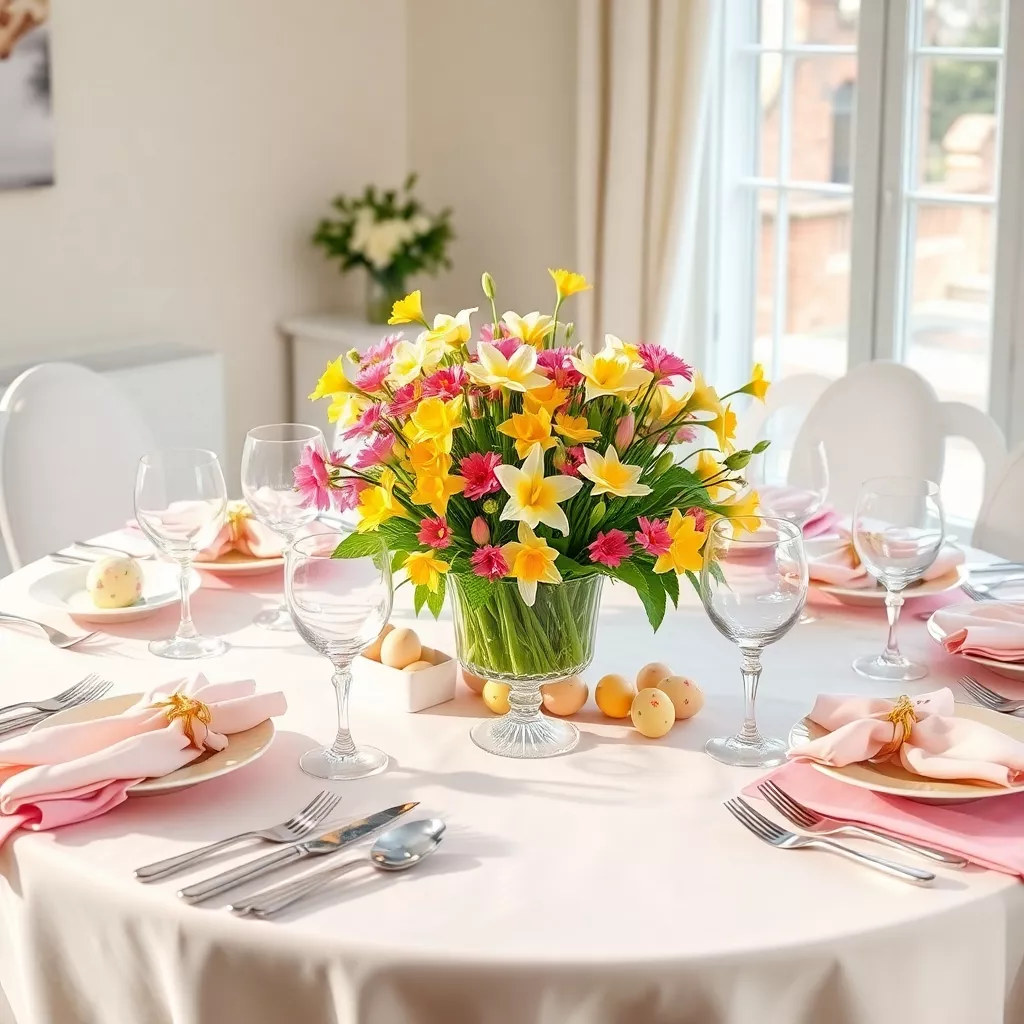 Festlich gedeckter Ostertisch mit Frühlingsblumen