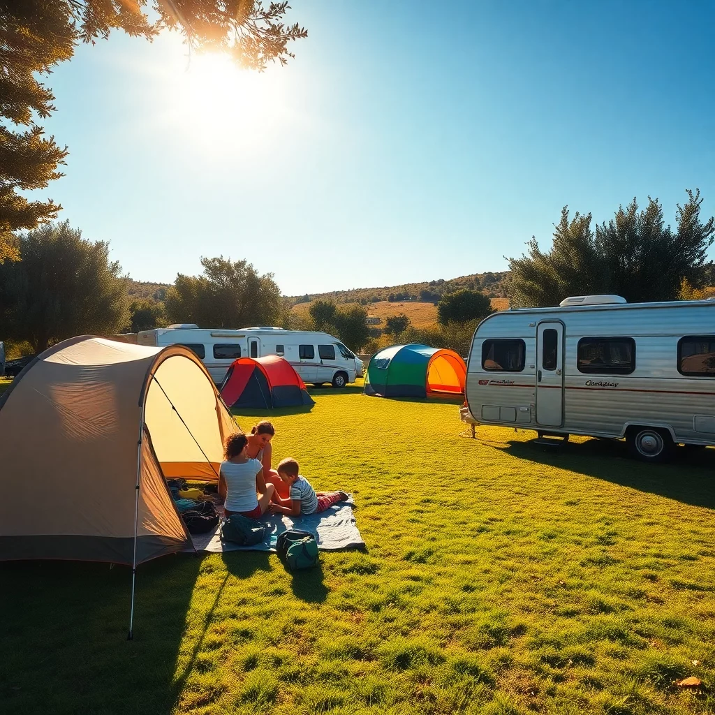 Südlicher Campingplatz mit Wohnmobilen und Zelten