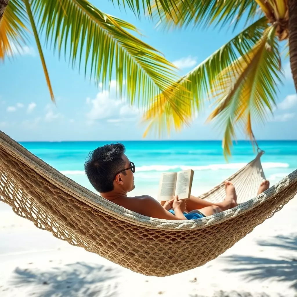 Südsee. Hängematte am Strand. Ein Mann liegt mit einem Buch