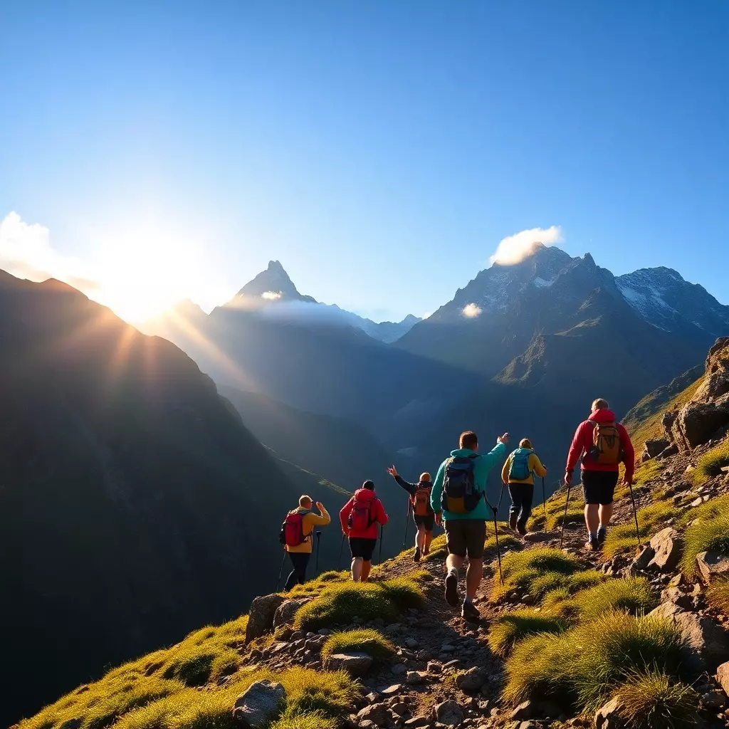 Wandergruppe im Morgengold