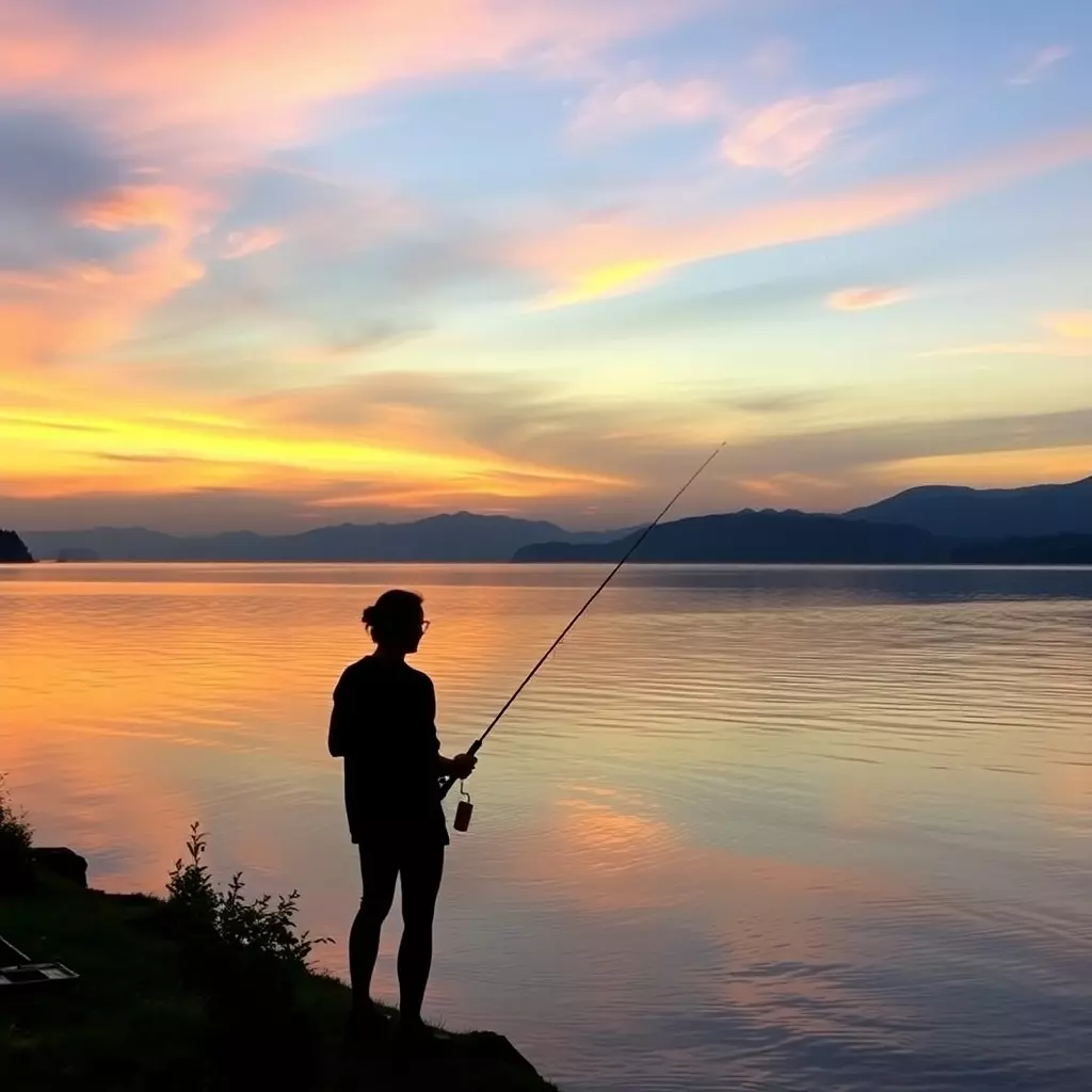 Angler am Bodensee Sonnenuntergang